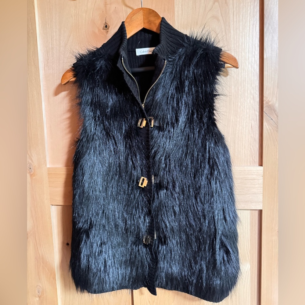 Calvin Klein Black Faux Fur Vest with Gold Accents